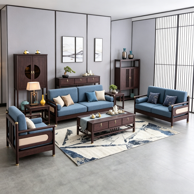 Guique Series Modern Fabric Sofa, Solid Wood Combination Cabinet Living Room Furniture Set