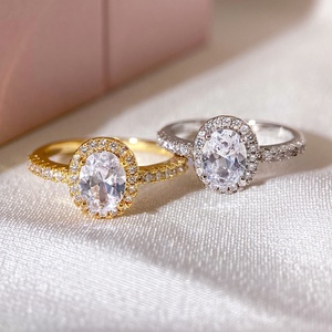Bague de Fiançailles Classique Intemporelle avec Pierre Centrale Ovale et Halo, Bande Micro-Pavée en Zircon Cubique, Bague de Mariage Nuptiale, Cadeau en Gros - Product Image 1