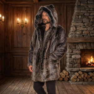 Manteau long en fausse fourrure de renard pour homme, à capuche, épais, longueur genou, parka d'hiver, col rabattu, manches régulières, motif uni - Product Image 3