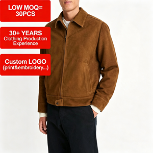 Men's <strong>Brown</strong> Suede <strong>Leather</strong> <strong>Jacket</strong> Casual Zip up Collared Bomber <strong>Jacket</strong> Vintage Short Coat for Spring Autumn - Product Image 1