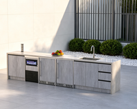 Modules de cuisine extérieure modulaires, unités de rangement combinables avec niveleurs indépendants et modules d'évier ou de barbecue pour aménagements de jardins.