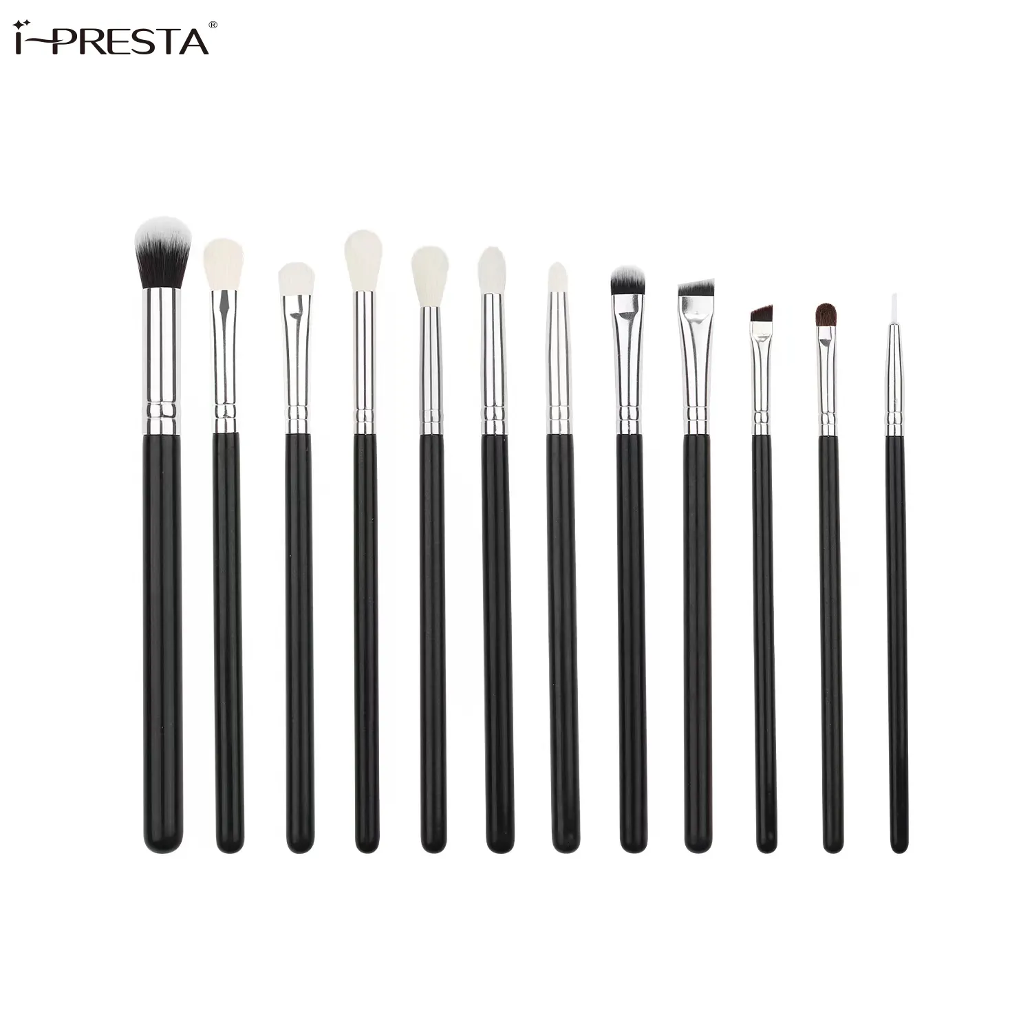 IPRESTA BRUSH--12PCSナチュラルアニマルヘアヤギヘアメイクブラシセットポータブルメイクブラシプライベートラベル低moq