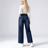 Jean en denim bleu marine taille haute à jambe large pour femme, idéal pour les sorties estivales en bord de mer