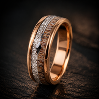 Bague Éternité Unisexe JLM Classique en Acier Inoxydable Plaqué Or Rose avec Double Rainure et Incrustation Bois, Motif Bois de Cerf/Pointe de Flèche, pour Mariage