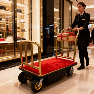 Chariot à bagages électrique finition laiton pour <span class=keywords><strong>service</strong></span> de portier avec transport de bagages d'hôtel et apparence haut de gamme - Product Image 6