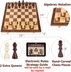 Juego de Ajedrez de madera magnético de 15 pulgadas con 2 mesas de almacenamiento plegables Extra Queens para niños y adultos - Product Image 2