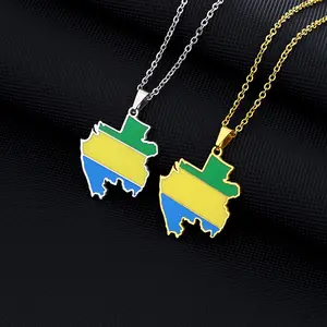 Enameled Gabonese Republic Map Chain Necklaces Stainless Steel Silver 18K Gold Enamel Gabon National Flag Map Pendant Necklace