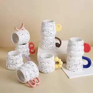 European Donuts Shape Splash Ink White Custom Logo Cup Coffee Ceramic Mug Creative Cups With Unique Handle