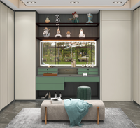 Système de dressing de luxe ARET avec coiffeuse, miroir rétroéclairé, étagères ouvertes, tiroirs à accents verts et banc d'appoint pour chambre à coucher