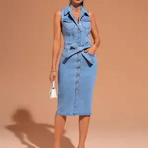 2024 New Design Casual Fashion Formal Sleeveless Single Button Pockets Denim Dress For Women