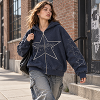 Sweat à capuche zippé personnalisé pour femme, en molleton délavé, imprimé sérigraphié, à épaules tombantes, coupe oversize, manches longues, décontracté