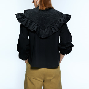 Novità 2020: Dolce <span class=keywords><strong>Top</strong></span> Nero in Popeline con Maniche Lunghe a <span class=keywords><strong>Volant</strong></span> e Bordo Arricciato per Donna - Product Image 2