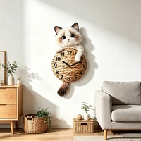 Jam Dinding Bertenaga Baterai Bergaya Kartun Kucing Boneka Rotan dengan Gerakan Detik Berjalan untuk Dekorasi Rumah, Ruang Tamu, Kamar Tidur.