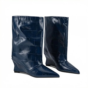 Nouveau à la mode femmes surdimensionné large mollet bottines sculptural talon compensé pierre PU bout pointu Styles européens - Product Image 5
