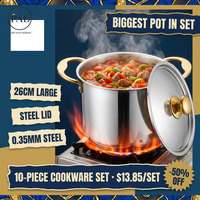 10 Buah Set Peralatan Masak Stainless Steel Modern Ramah Lingkungan Ukuran Besar 18-26cm Panci Saus Tutup Stainless Steel Berlapis Kaca Gagang Emas