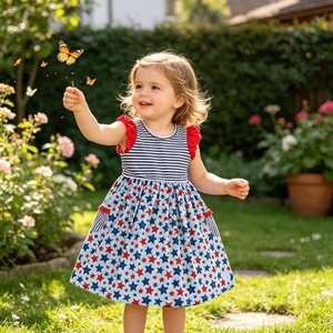 Ventes chaudes Robes à imprimé étoiles et rayures pour filles américaines avec poches Robe pour bébé fille à manches courtes pour le 4 juillet Vêtements pour filles Robe pour bébé - Product Image 3