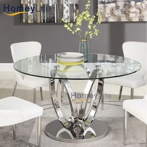 Mesa de jantar em aço inoxidável para casamento, móveis caros em aço inoxidável, vidro temperado transparente preto, formato redondo, 12 mm