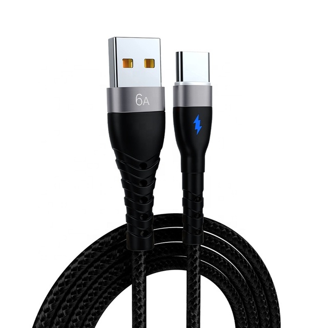 Black Nylon Braiding 66W Charge and Data USB 2.0 a to Type C 6A USB Charging Cable with LED Light