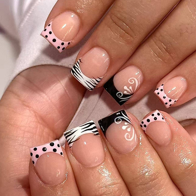 Press on Nails Wholesale 2026 Trends Nude French Tip Fake Nails with Pink Polka Dot Zebra Print and Swirl Art Square False Nail