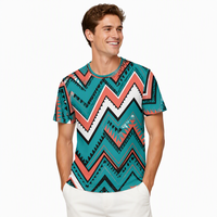 T-shirt pour homme 3D AOP 100% polyester, bleu turquoise, corail, zigzag, séchage rapide, respirant, col rond, prêt à être expédié