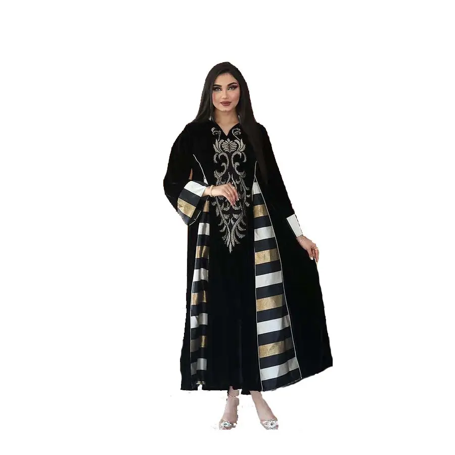 2021 islamique arabe dubai femmes nobles vêtements musulmans abaya luxe velours doré brodé à manches longues maxi robe
