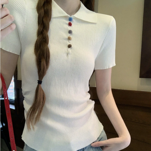 <b>Women's</b> <b>White</b> Knitted Short Sleeve <b>Polo</b> <b>Shirt</b> Casual Solid Color Regular Length With Colorful Buttons - Product Image 1