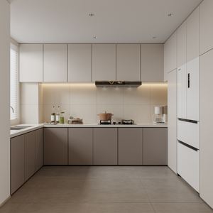 Ensemble de meubles de cuisine moderne de style naturel avec éclairage, armoires de cuisine ouvertes, grand îlot central - Product Image 1
