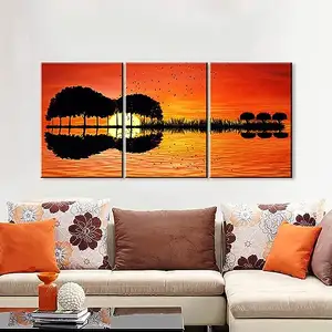 3 pezzi musica Wall Art chitarra albero lago tramonto stampa su tela poster musicali decorazioni murali dipinti per la decorazione della parete di casa