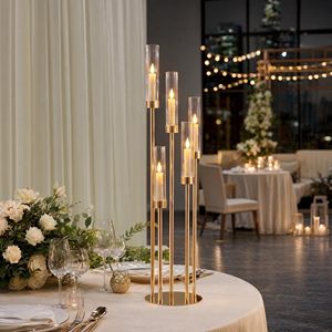 Centre de table moderne en tube acrylique de bonne qualité pour fêtes et mariages, candélabre en métal doré - Product Image 6