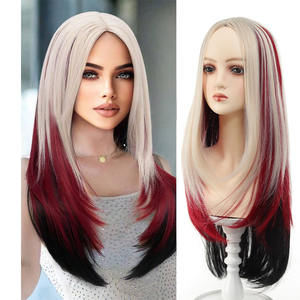 วิกผมยาวตรงพร้อมหน้าม้าปัดข้าง สีไล่ระดับ เส้นผมธรรมชาติ ใยคาเนคาลอน วิกผมเต็มศีรษะสำหรับผู้หญิง - Product Image 4