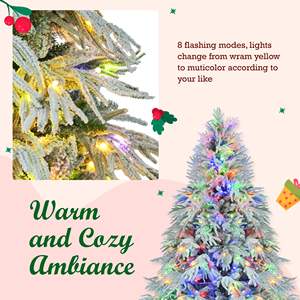 DB 6FT Preiluminado Spruce Snow Flocked Christmas Tree 300 Luces LED multicolores 8 Intermitentes Artificiales con bisagras Decoraciones para árboles de Navidad - Product Image 5