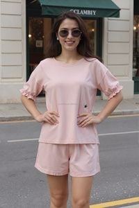 Bộ đồ nữ mùa hè chất liệu vải lanh dệt kim, kiểu dáng đơn giản, áo thun tay ngắn, quần ống rộng, hai mảnh - Product Image 3