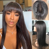 Perruques en cheveux brésiliens Remy lisses et soyeux, sans colle, avec frange, longueur étirée, couleur naturelle, fabriquées à la machine
