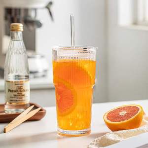 Vaso de Vidrio Transparente de 600 ml con Rayas, Ecológico, Apto para Lavavajillas, con Tapa Segura y Pajita para Beber Jugo, Leche, Té, Café Helado - Product Image 6