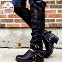 Bottes hautes noires déchirées pour femmes avec rivets et boucles, talon carré bas, style western biker, chaussures décontractées