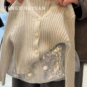 Tongxingyuan Girls Knitted Cardigan With Sequined Skirt Spring Outfit Set Cotton Solid Color Kids Clothing - Product Image 1