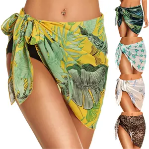 Baskı Hawaiian Sarong lavalava kadın kısa Sarongs plaj Cover Up kadınlar şeffaf Bikini sarar şifon mayo S-3XL