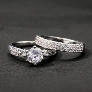 Fine Jewelry Rings 2PCS Sparkly Valentines Day Gift Rings Silver Color Couple Full Cubic Zircon Engagement Rings Set Lovers