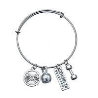 Pulsera Expandible DIY con Colgante de Fitness: Mancuerna, Barra y Kettlebell – Joyería para Hombres y Mujeres – Regalo con Mensaje 'Nunca te Rindas'