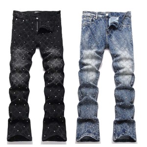 Dropshipping Men's <b>Boot</b> Cut Denim Jeans Rhinestone Slim Flared Stretch Streetwear Trousers Blue Cotton - Product Image 1