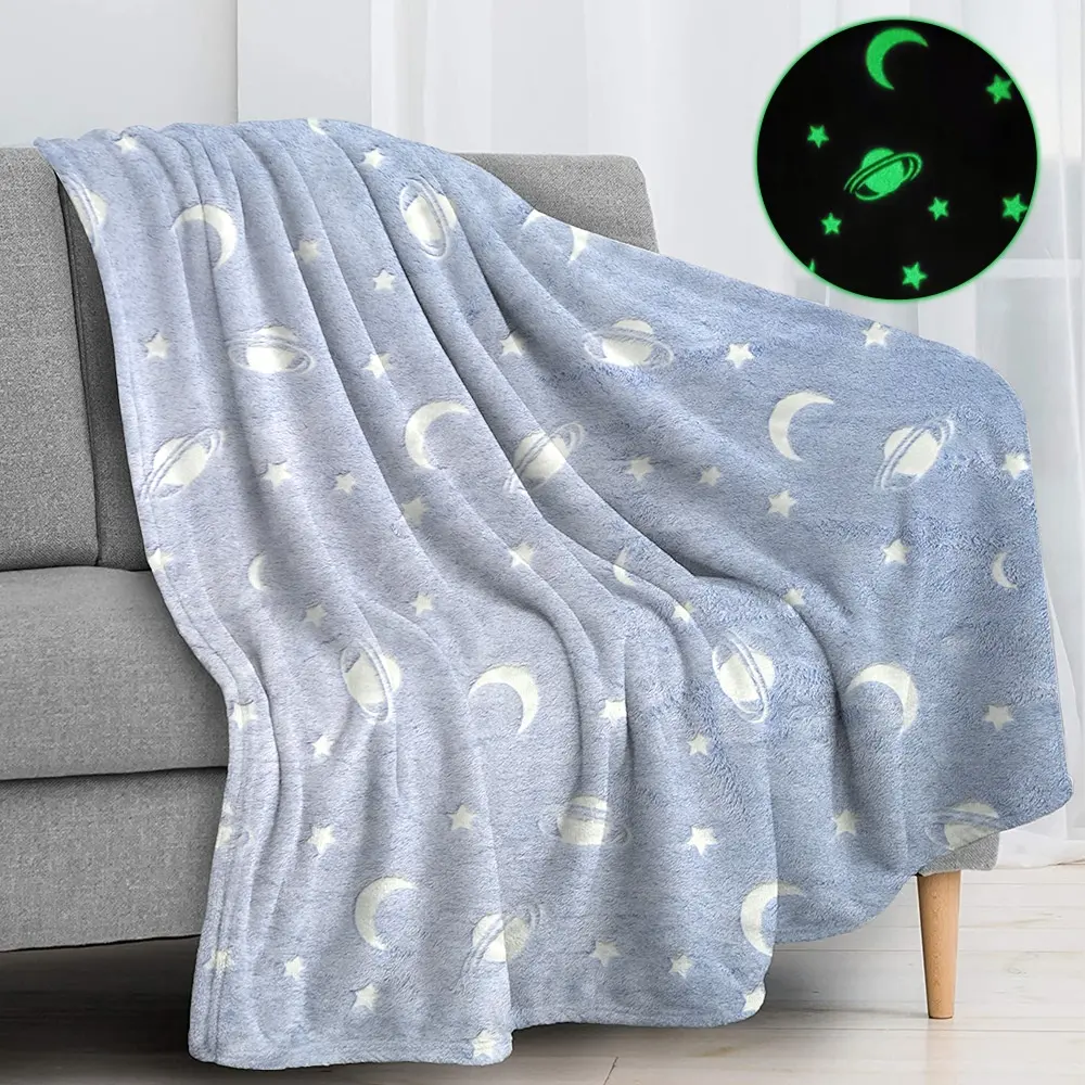 Moon Planet Starry Sky and Alien Creatures Pattern Cute Soft Blanket Luminous Blanket Glow in Dark Blanket for kids