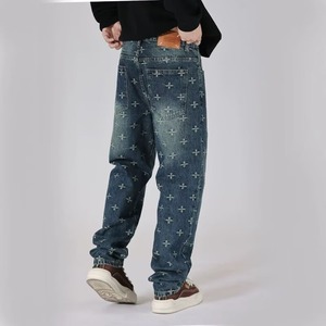 Pantalon en jean rétro pour homme, coupe crayon, délavé, avec blocs de couleur, imprimé jacquard intégral, style tendance, vente en gros transfrontalière - Product Image 5