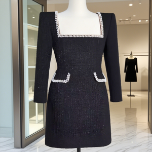 2025 elegante abito <span class=keywords><strong>corto</strong></span> da donna con collo quadrato a manica lunga Casual per l'estate autunno inverno sera femminile con elastico in vita - Product Image 2