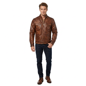 Chaqueta de Cuero Marrón Genuino para Hombre, Corte Ajustado, Estilo Motero, Cafe Racer, con Bolsillo con Solapa en el Pecho, Personalizada, Clásica, para Invierno - Product Image 1