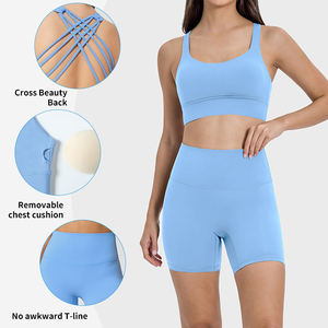Conjunto Deportivo de Dos Piezas para Mujer S2010+DK067, Secado Rápido, Color Sólido, Espalda Descubierta, Top Deportivo Cruzado, Pantalones Cortos de Cintura Alta, para Gimnasio, Fitness, Yoga - Product Image 5