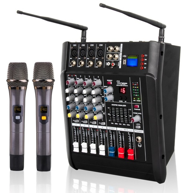 Professional USB Audio Sound Card Mixer with Dual Wireless Mic,Built-in Power Amplifier 4 Channel Mixer DJ Controller