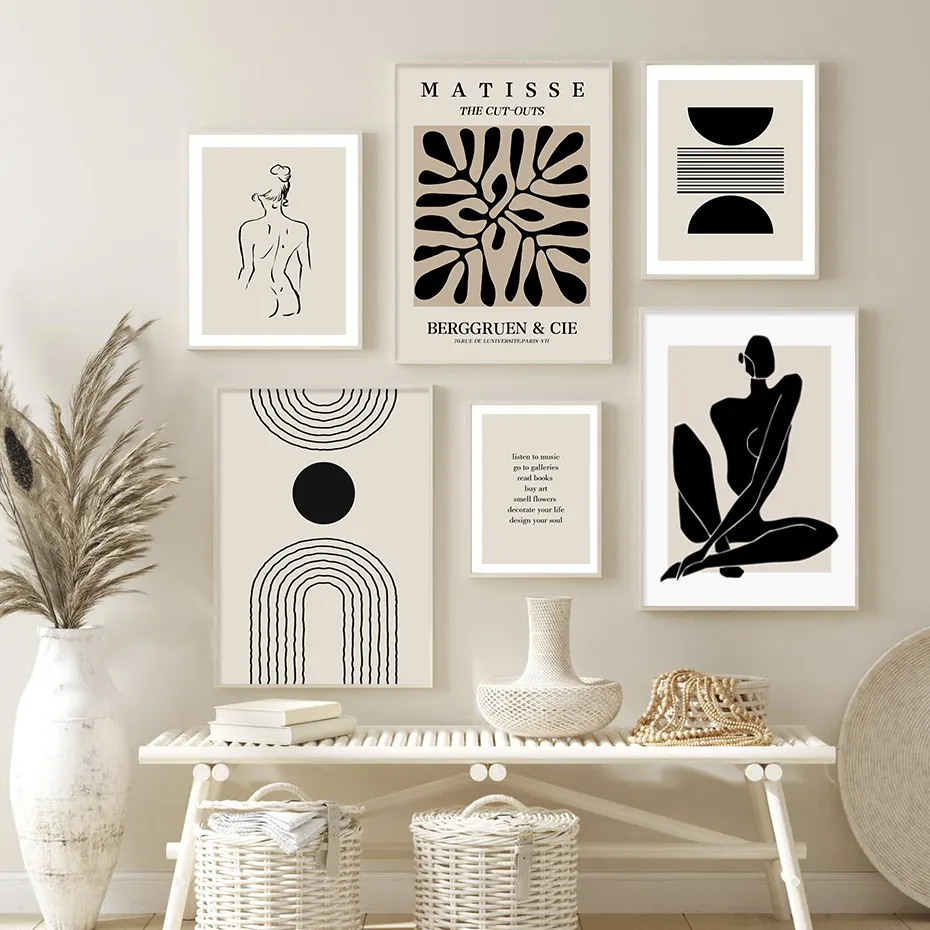추상 Matisse 바디 라인 아트 리프 Boho 포스터 블랙 베이지 캔버스 그림 벽 인쇄 그림 거실 인테리어 홈 장식