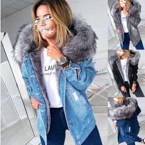 Giacche da donna con cappuccio in <span class=keywords><strong>Denim</strong></span> Jeans giacca invernale spessa e calda pelliccia cappotti da donna oversize <span class=keywords><strong>S</strong></span>-5XL cappotti Vintage autunnali - Product Image 2