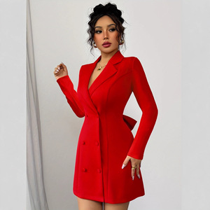 Nuevo <span class=keywords><strong>Vestido</strong></span> <span class=keywords><strong>Corto</strong></span> de <span class=keywords><strong>Manga</strong></span> <span class=keywords><strong>Larga</strong></span> con Lazo en la Espalda, Cuello de Traje y Doble Abotonadura, Estilo Europeo y Americano para Comercio Exterior - Product Image 2