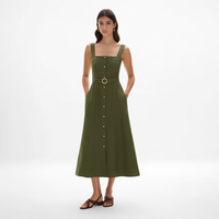 Gaun Midi Wanita Kasual Model A-Line Warna Hijau Army Elegan dengan Kerah Kotak, Tanpa Lengan, Kancing Depan, Sabuk, dan Saku Samping, Desain Terbaru